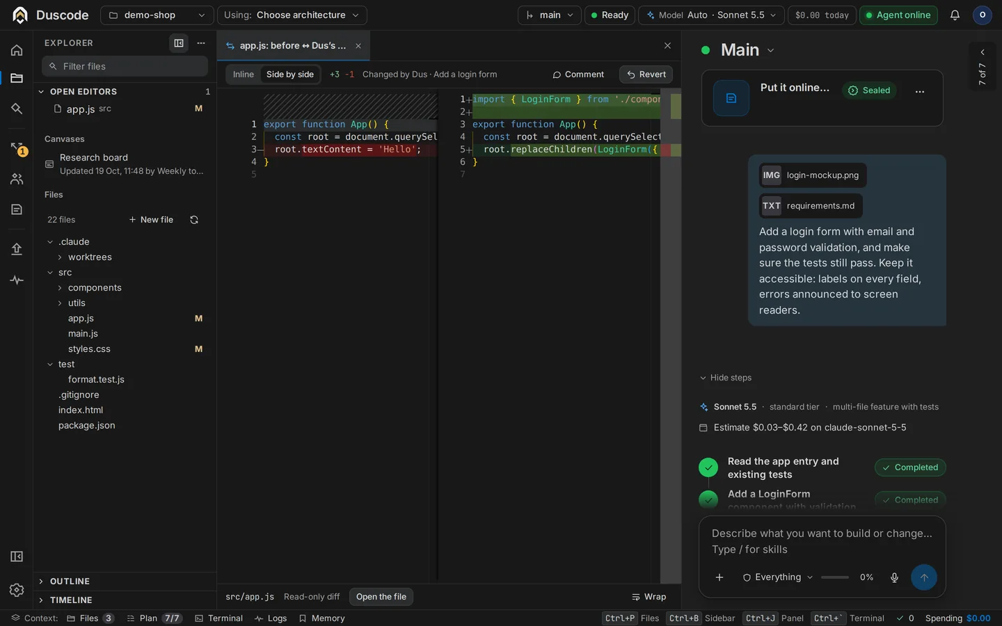 Duscode’s Engineer view: the Explorer on the left, a side-by-side diff of a file changed by Dus in the middle, and the chat with the task’s plan on the right.