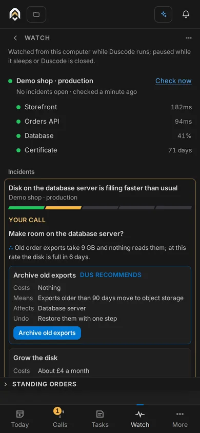 Duscode on a phone: the Watch tab with the system’s health and an incident waiting on the owner’s call; a tab bar with Today, Calls, Tasks, Watch and More.