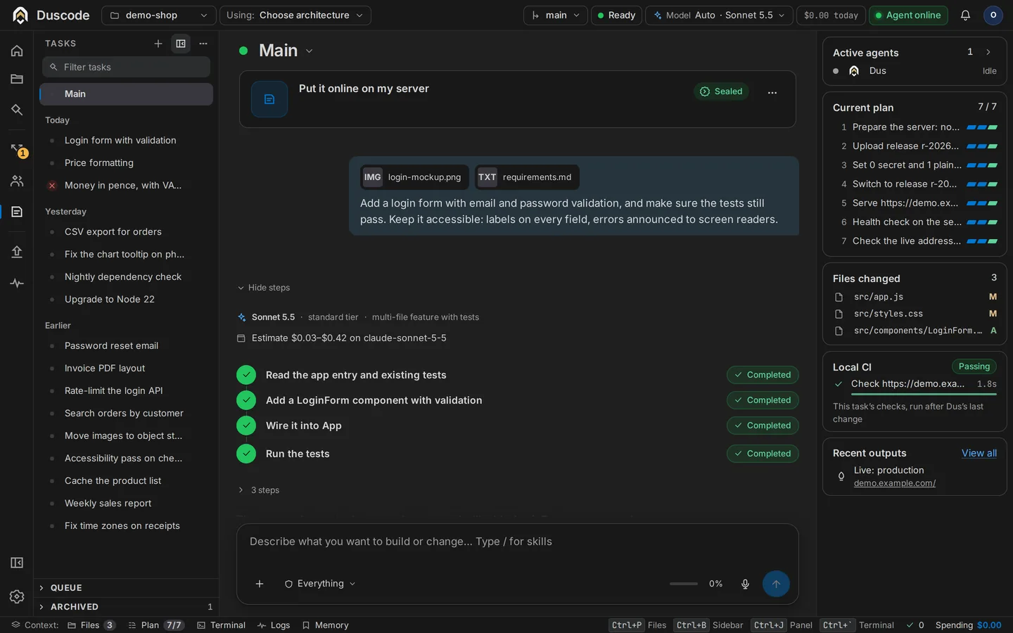 A task in Duscode: the request with its attachments, the model and tier Dus chose with a cost estimate, four plan steps completed, and on the right the plan, the changed files and Local CI passing.