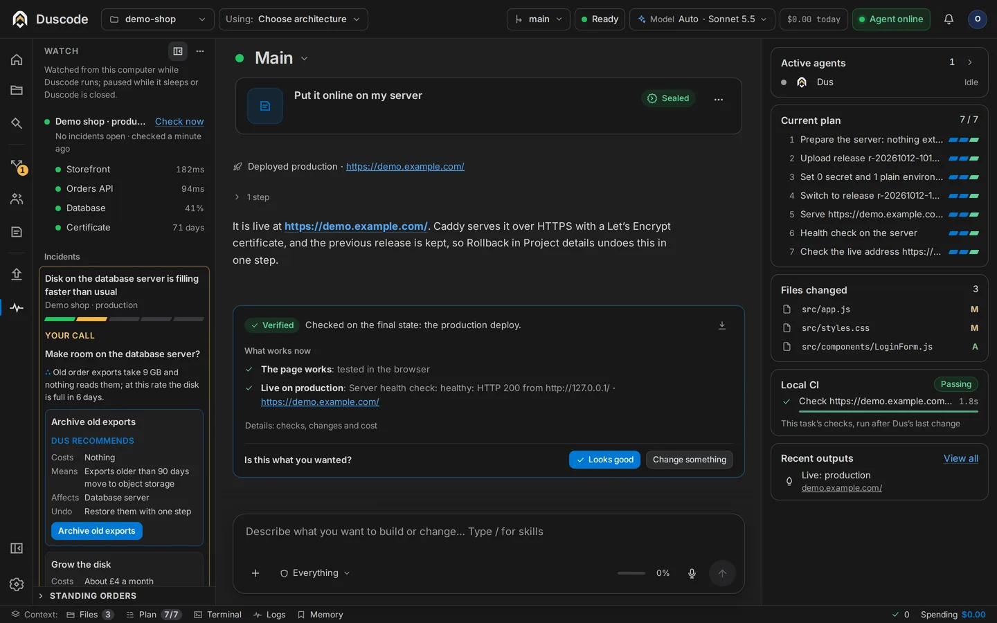 Watch in Duscode: a live system with its storefront, orders API, database and certificate and their readings, and an incident about a filling disk waiting on the owner’s call.