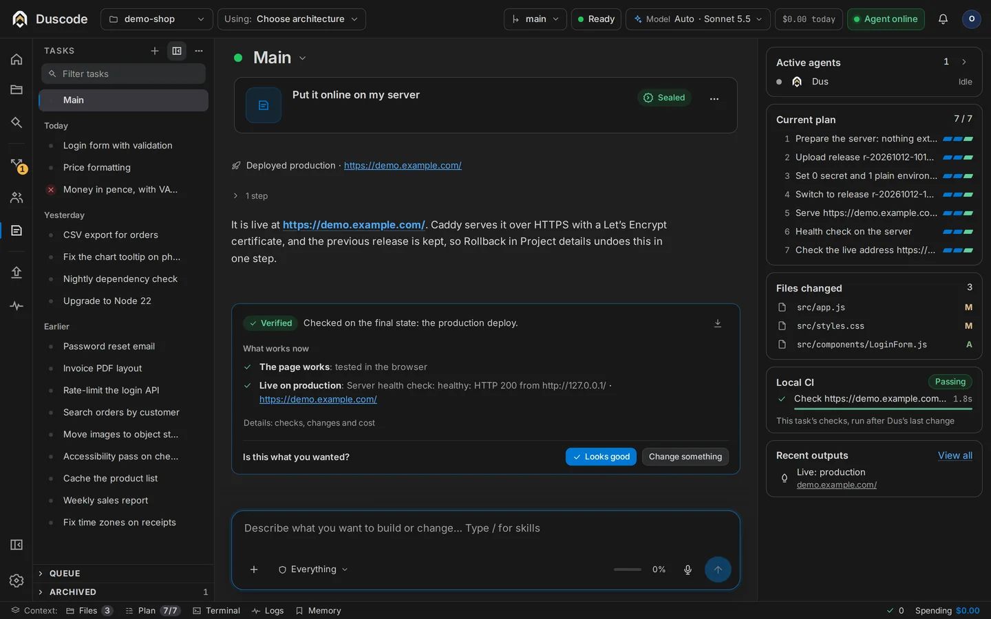 The Duscode workspace: tasks on the left; in the centre a finished task with a Verified card listing what works now; on the right the plan, the changed files, the checks and the live address.